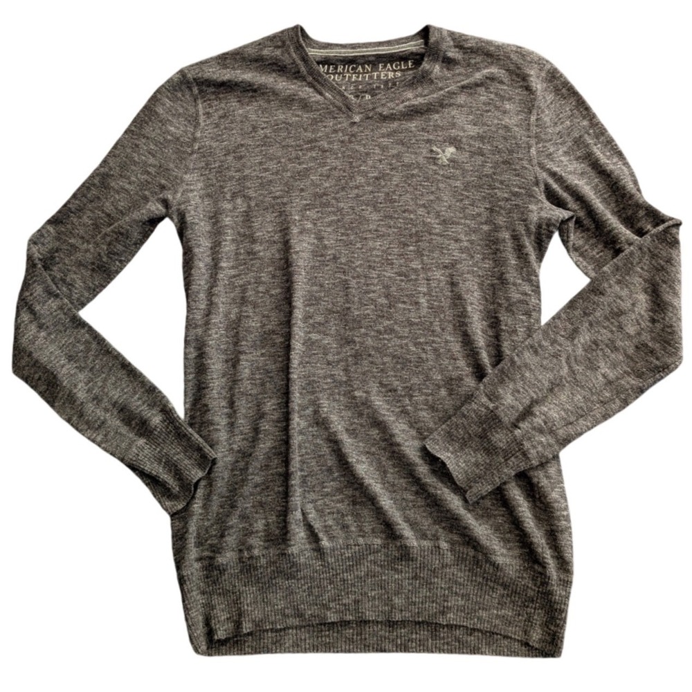 AEO American Eagle Mens Charcoal Gray Heather V-Neck Cotton Sweater Small Logo